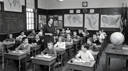 Vintage 1950s classroom with teacher and students
