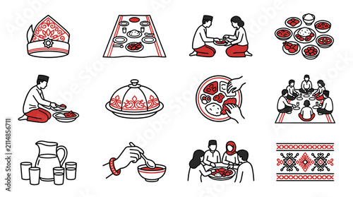 Traditional Meal Sharing: Islamic Culture, Family Gathering, Ethnic Food, Hand-drawn Icons