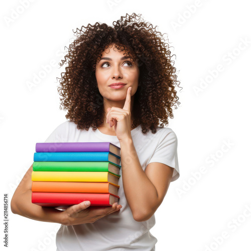 A young woman holding a stack of colorful books and looking thoughtful.