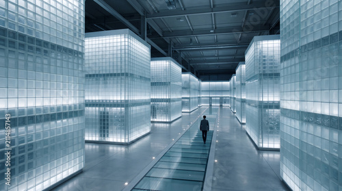 Clean white modern data center interior corridor with futuristic illuminated server racks