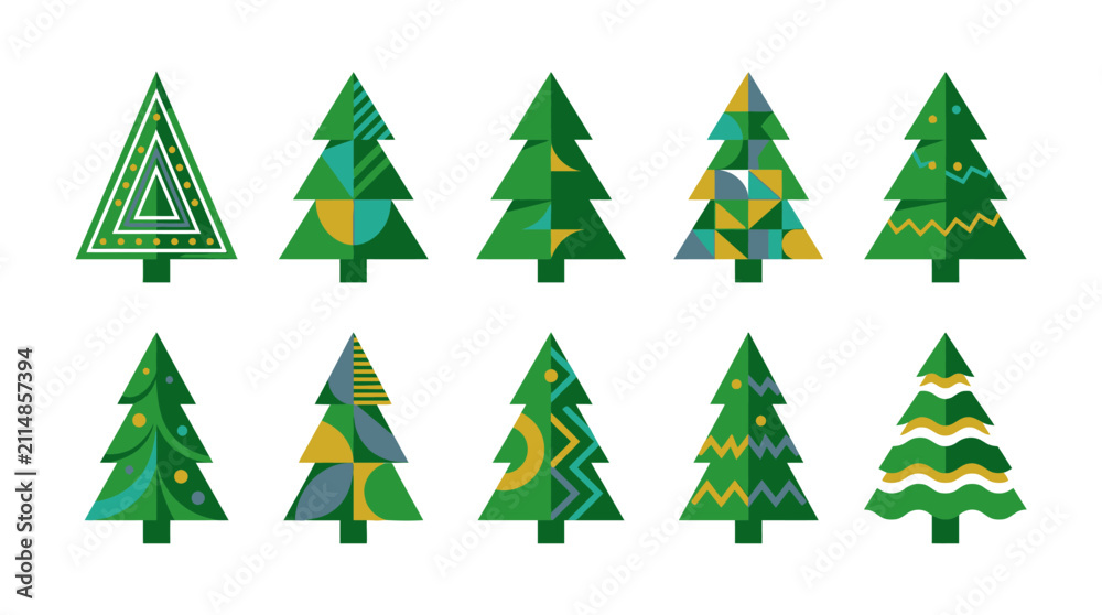 Obraz premium Christmas trees display a collection of modern patterns and abstract shapes to celebrate the winter holiday season.