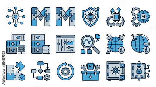 Minimalist Blue and White Icons Set Featuring Technology AI Security Networking and Data Concepts