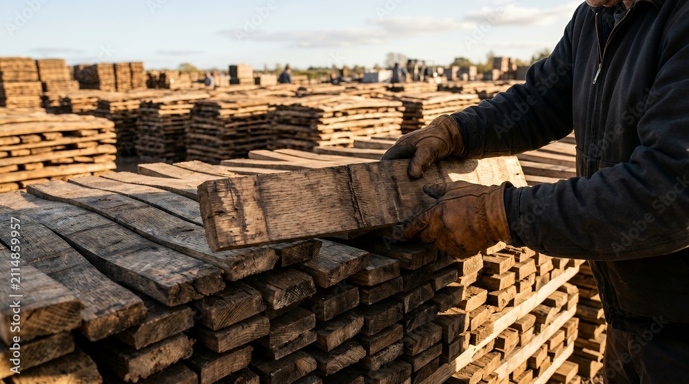 Obraz premium Worker stacking oak barrel staves. Artisan preparing wood for traditional wine aging process.