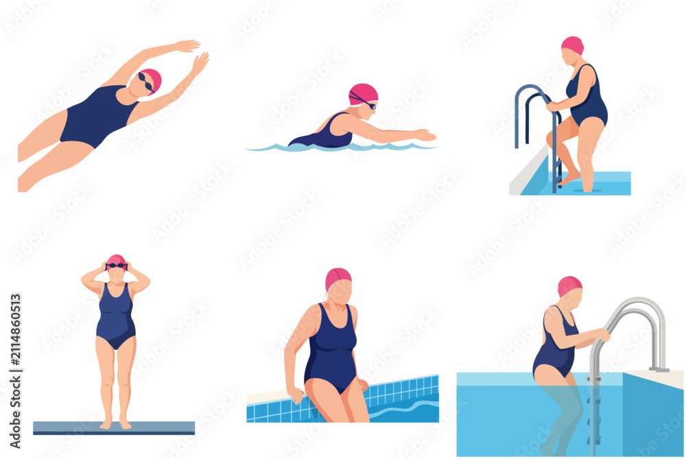 Obraz premium Set of senior woman swimming and exercising in the pool, elderly healthy lifestyle concept illustration