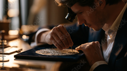 Watchmaker with magnifying loupe bending over an intricate movement spread across a velvet tray at golden hour, aged fingers lifting a hairspring with a precision tweezer, warm