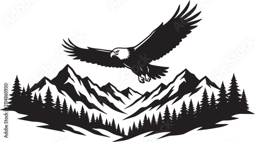 Foto Black and white illustration of a majestic eagle flying over a scenic mountain r