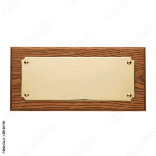 A wooden plaque with a gold nameplate on a white background.