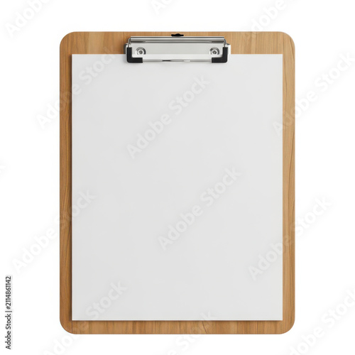 A blank clipboard with a wooden frame and silver clip on a white background.