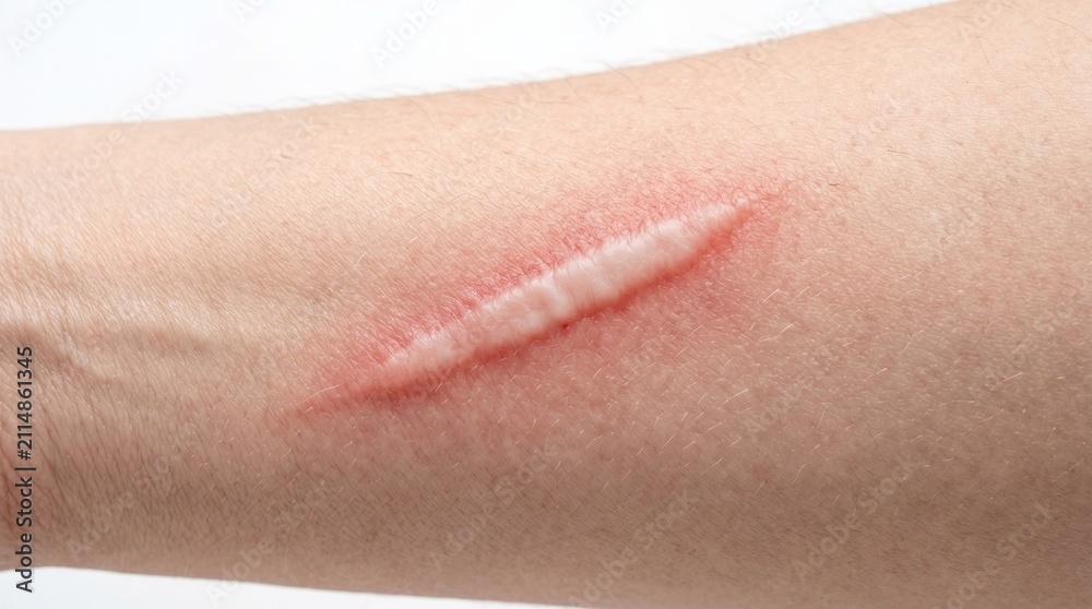 Fototapeta premium Close up macro view of raised pink hypertrophic scar or keloid incision lesion on human forearm skin