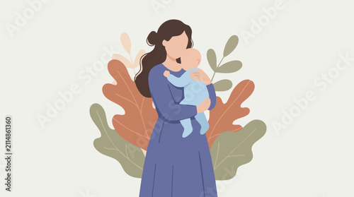 Photos Minimalist illustration of a mother tenderly holding her baby amidst foliage