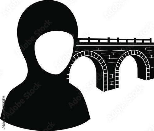 Obraz na plátně Silhouette of Muslim Woman in Hijab with Historic Stone Bridge Arch