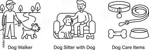 Konstfotografi Dog care vector illustration set featuring professional walker pet sitter servic