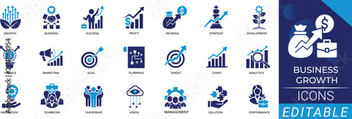 business growth solid icon set including chart, graph, success, strategy, increase, profit, and financial symbols. professional, editable vector illustration.