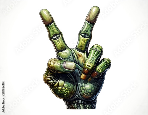 A robotic hand making a peace sign with a metallic sheen