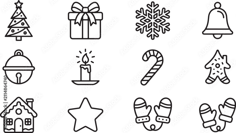 Fototapeta premium Set of Christmas holiday line icons featuring festive symbols for winter season design and web graphics