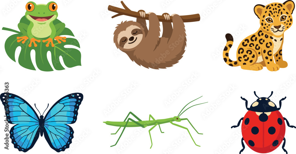 Obraz premium Cute wildlife animal collection featuring tree frog, sloth, leopard cub, blue butterfly, stick insect, and ladybug cartoon vector illustration