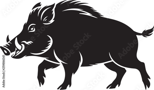 Fierce wild boar vector graphic illustration featuring a bold black silhouette design showing aggressive posture for sports team logo mascot