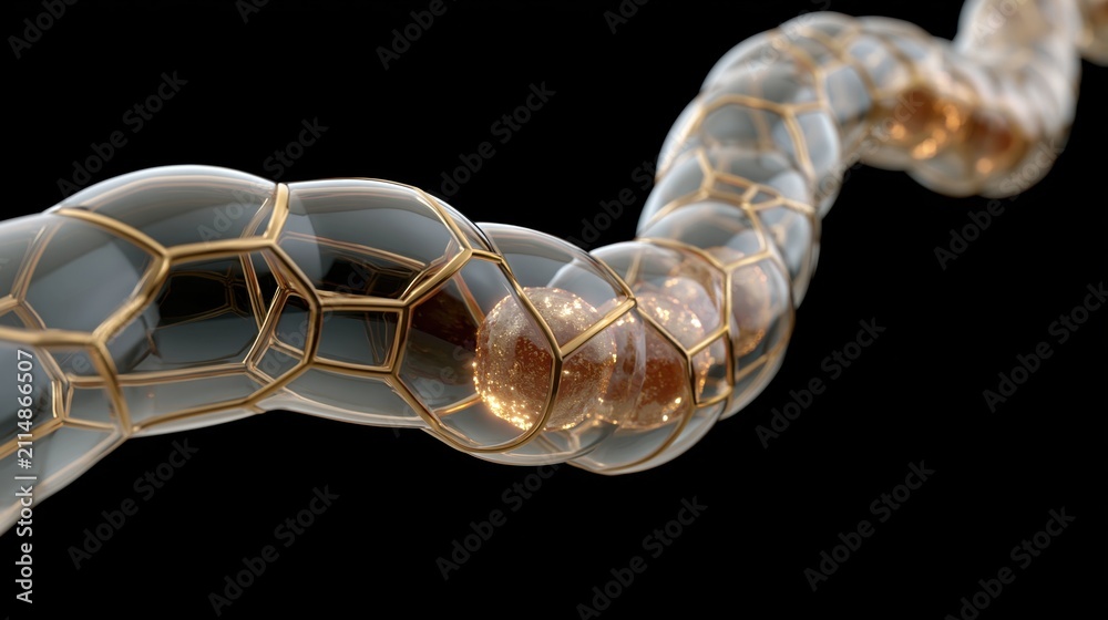 Fototapeta premium twisting structure made of glass-like elements is shown in detail. design features interconnected shapes that create a unique pattern on a dark background