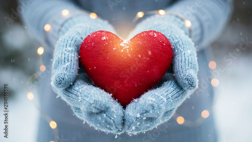 Warm hands holding red heart symbol during snowy winter season with soft glowing lights background