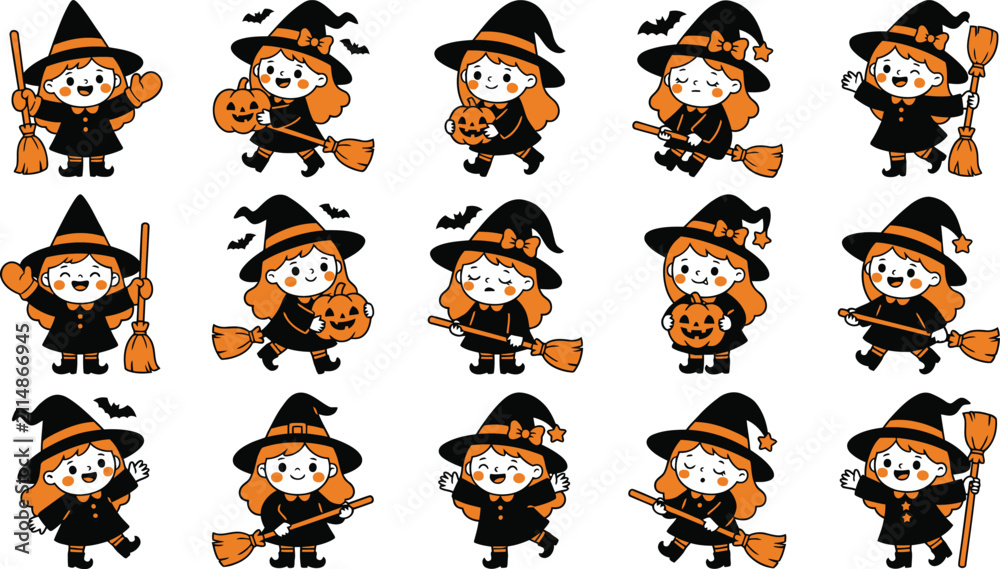 Fototapeta premium Collection of cute cartoon halloween witch characters with brooms and pumpkins isolated on transparent background