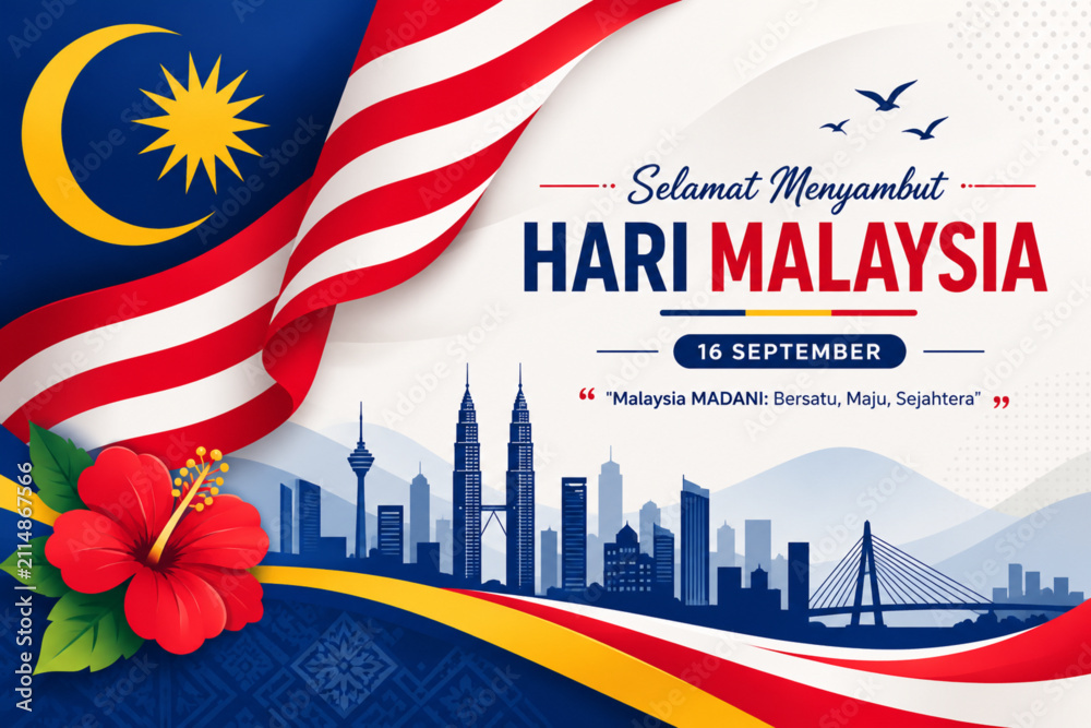 Naklejka premium Malaysia Day Celebration Banner with Flag, Skyline and Festive Flat Vector Illustration