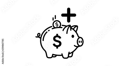 Line art illustration of a piggy bank with a dollar sign and a coin being deposited, symbolizing savings and financial growth.