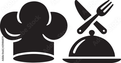 Minimalist vector illustration featuring a professional chef hat next to a serving cloche with crossed fork and kitchen knife
