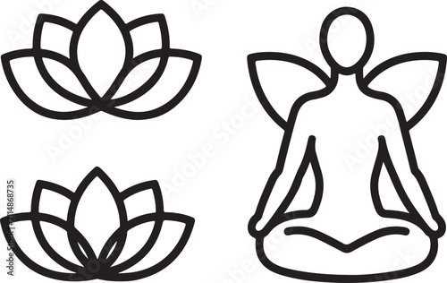 Minimalist black vector graphic design showing a person meditating in lotus position alongside two stylized floral lotus flower icons