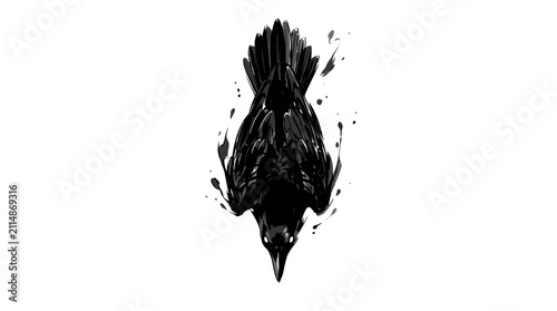 Bild auf Leinwand Minimalist Black Ink Illustration of a Raven Diving Downwards with Artistic Ink Splatters and Gritty Texture, Isolated on a Plain White Background for Graphic Design and Poster Art