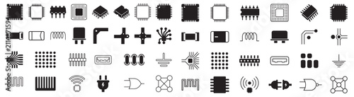 Electronic Components Icon Set — Microchip, Circuit Symbols and Hardware Silhouettes for Design