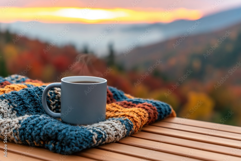Fototapeta premium Autumn coffee mug on a cozy knitted blanket with a warm fall mountain landscape
