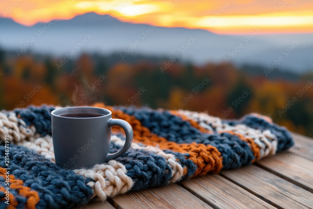 Obraz premium Coffee in a warm mug on a cozy knitted wool blanket during a beautiful autumn day