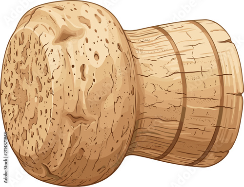 Detailed graphic design of a sparkling wine bottle cork stopper made from natural wood material