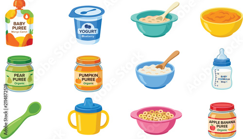 Organic baby food collection with fruit puree jars, yogurt, cereal bowls, milk bottle, sippy cup