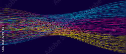 Blue pink and yellow flowing lines transitioning from chaotic tangle on left to organized parallel streams on right, big data sorting connection illustration on dark navy background design.