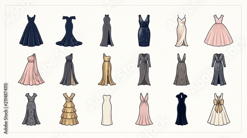 Elegant Evening Dress Icon Bundle – Fashion Boutique Editable Vector Collection