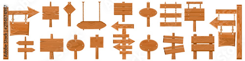A collection of wood plank signpost arrows and boards on posts, ideal for pathfinding or decorative game UI signage.
