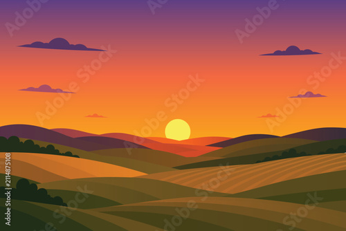 Sunset Over Rolling Hills and Fields Flat Design Illustration