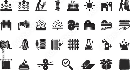flax cultivation and textile processing production line vector symbol collection, Linen fabric manufacturing industry step-by-step monochrome vector icons and production graphics