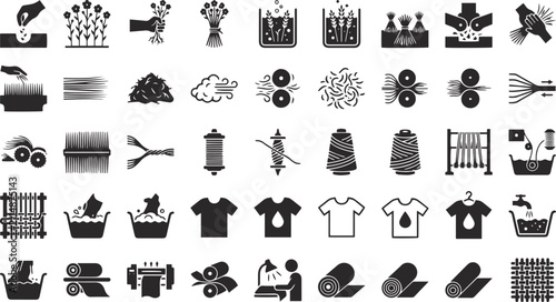 Flax to linen manufacturing process infographic icon set showing agricultural textile production for business presentations, sustainable fashion branding, industrial design, and educational materials