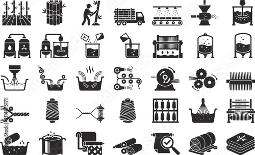 Bamboo to Fabric Manufacturing Process Black Glyph Icon Set for Sustainable Textile Production