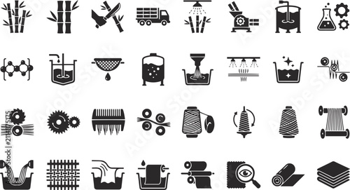 Bamboo to Fabric Manufacturing Processing and Eco-Friendly Black Silhouette Icon Collection