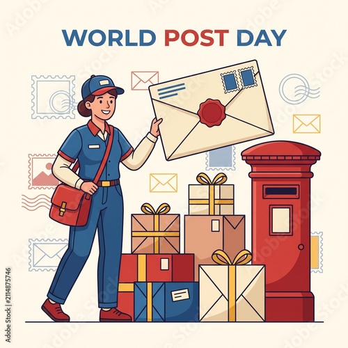 World Post Day Illustration with Female Mail Carrier and Mailbox