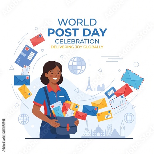 World Post Day Illustration with Female Postal Worker and Letters