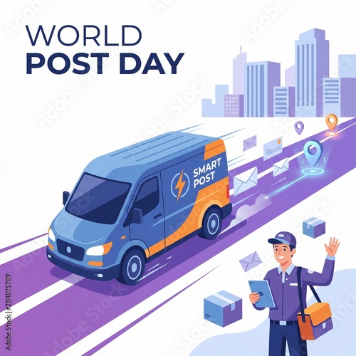 World Post Day Illustration with Delivery Van and Postal Worker