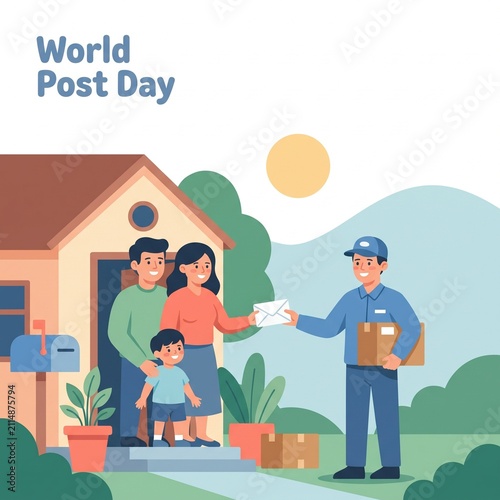 Postal Worker Delivering Letter and Package to Happy Family at Home