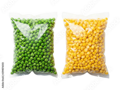 Frozen peas and corn in packets isolated on transparent background