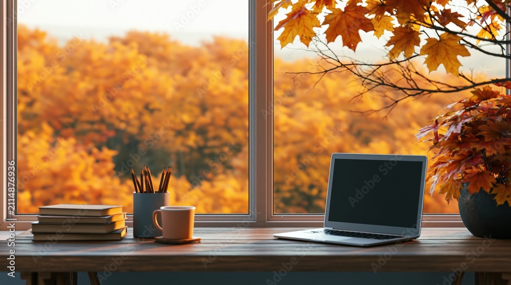 Obraz premium Autumn workspace with laptop and coffee on a desk by a window with fall nature view