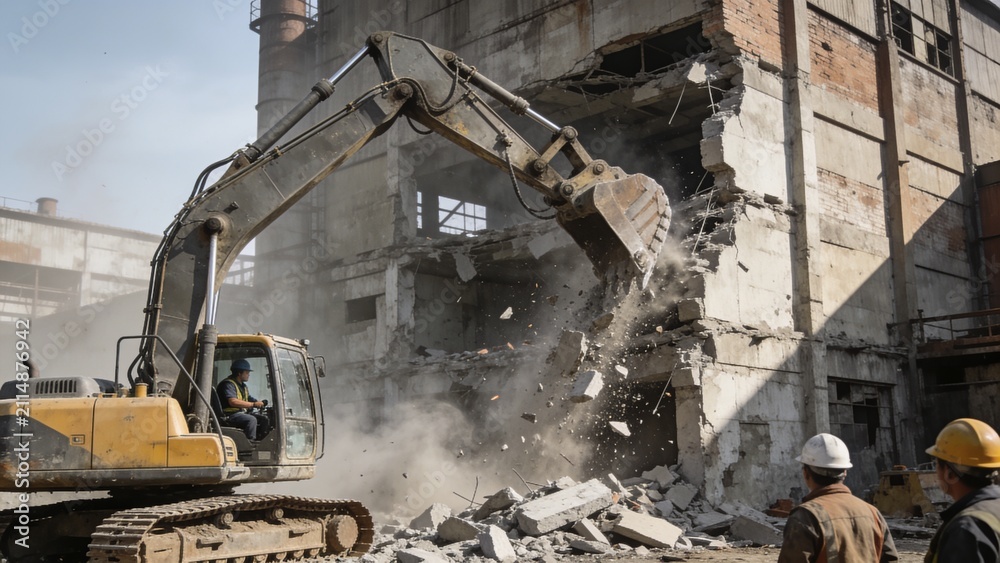 Fototapeta premium Backhoe excavator destroying concrete factory structure with dust and debris at construction site.