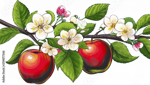 Apple Tree Branch With Ripe Fruits And Flowers